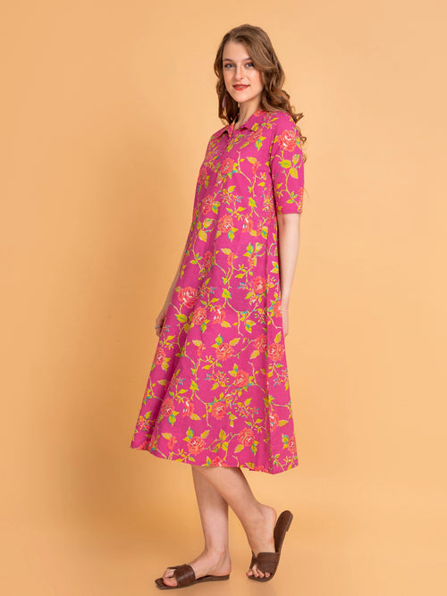 Mul Cotton Floral Print Flared Long Dress