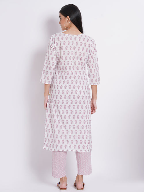 Hand Printed 3-Piece Kurta Set with Sequined Mirror Work