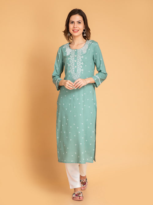 Viscose Blend Embroidered Straight Long Kurti