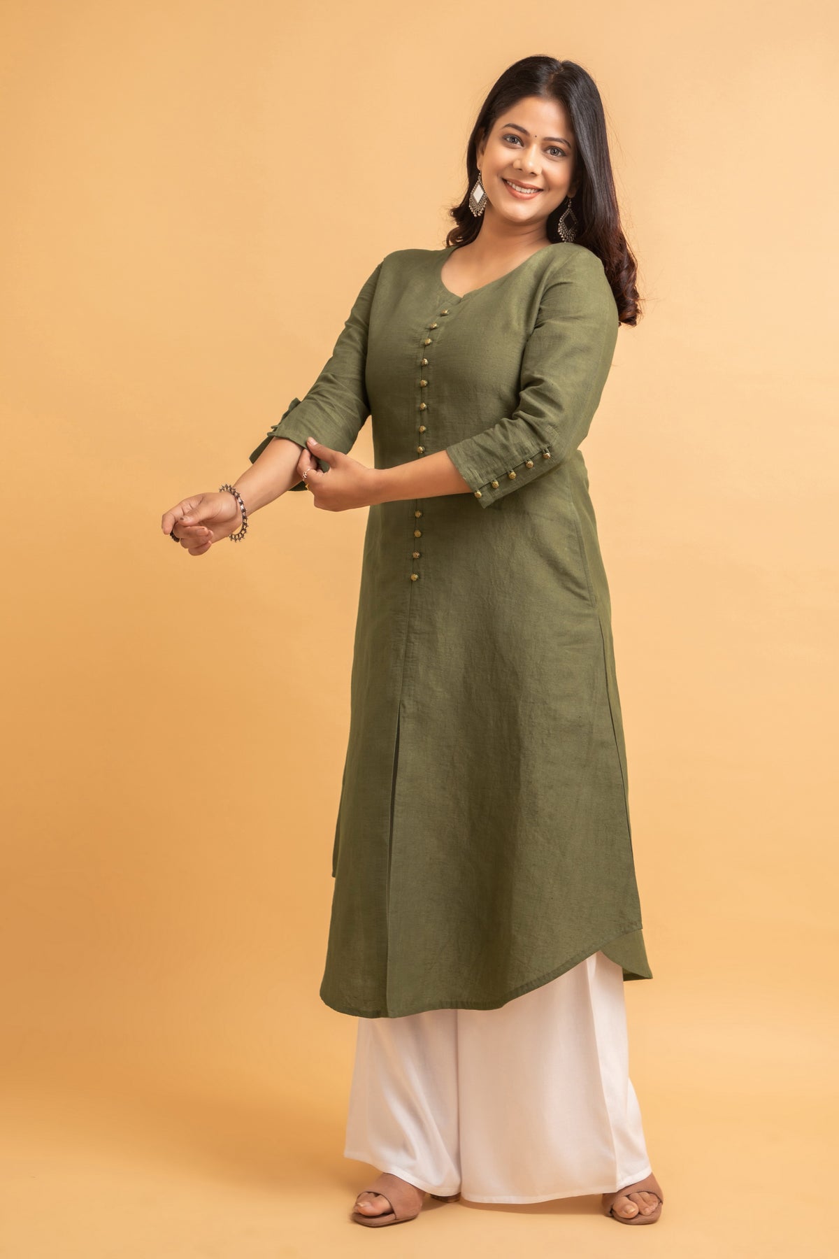 Cotton Linen Long Kurti with Button Detail