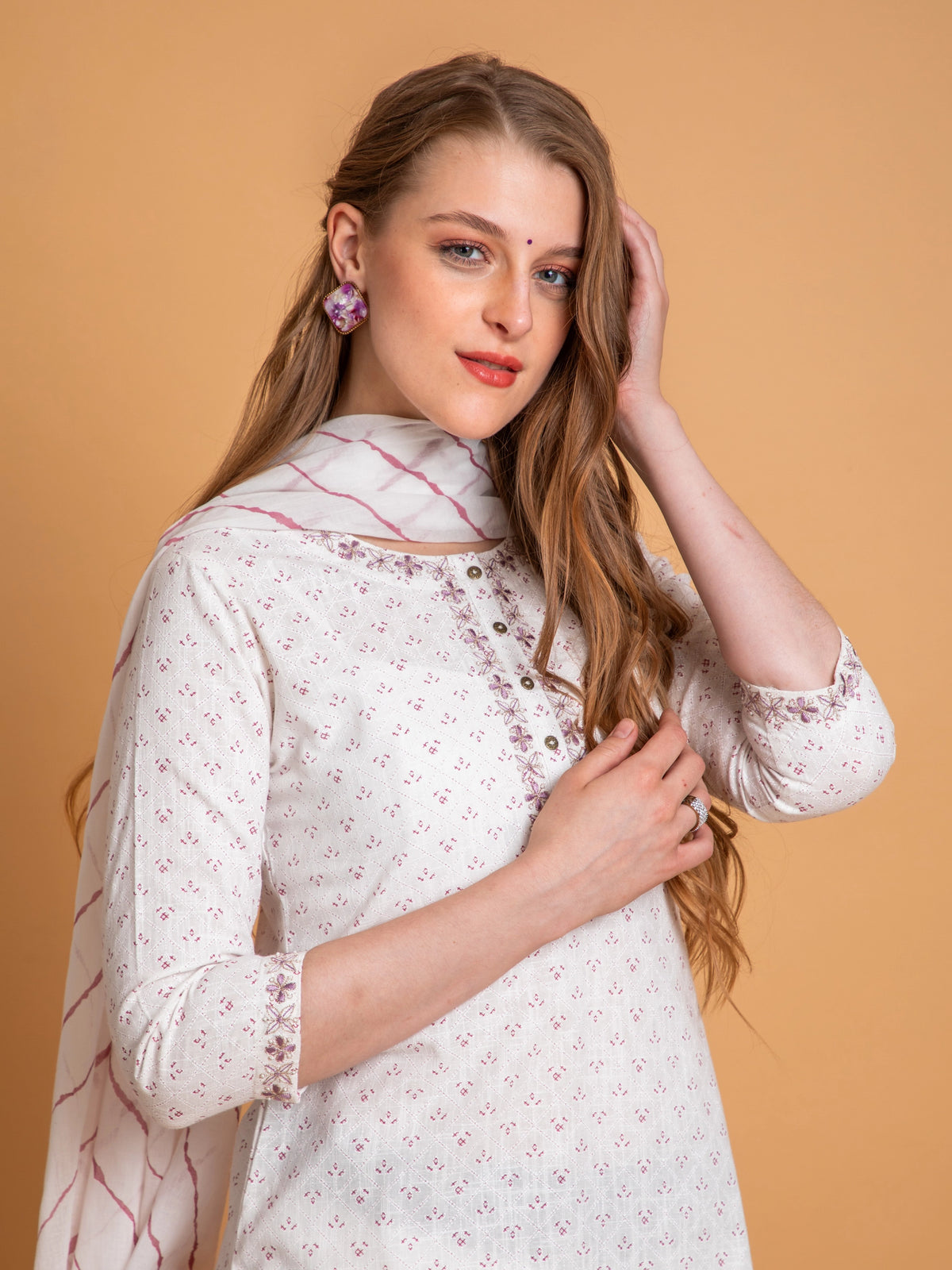 PARTY WEAR EMBROIDERED KURTA SET PAIRED WITH LEHARIYA DUPATTA