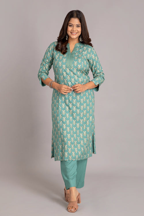 Gold Printed 2 Pc Kurta Set with Couching Detail