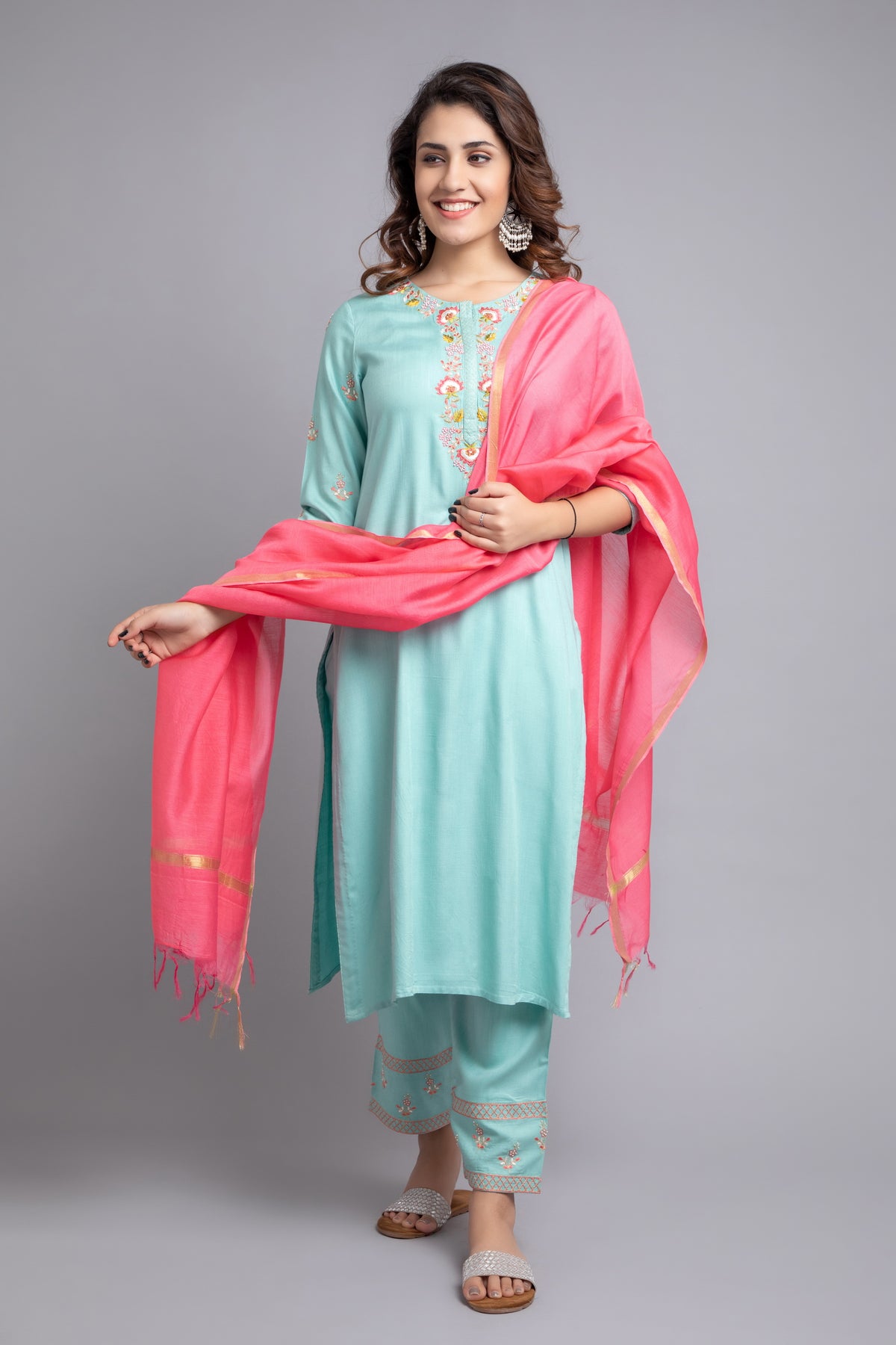 SOLID EMBROIDERED STRAIGHT KURTA AND PANT SET WITH DUPATTA