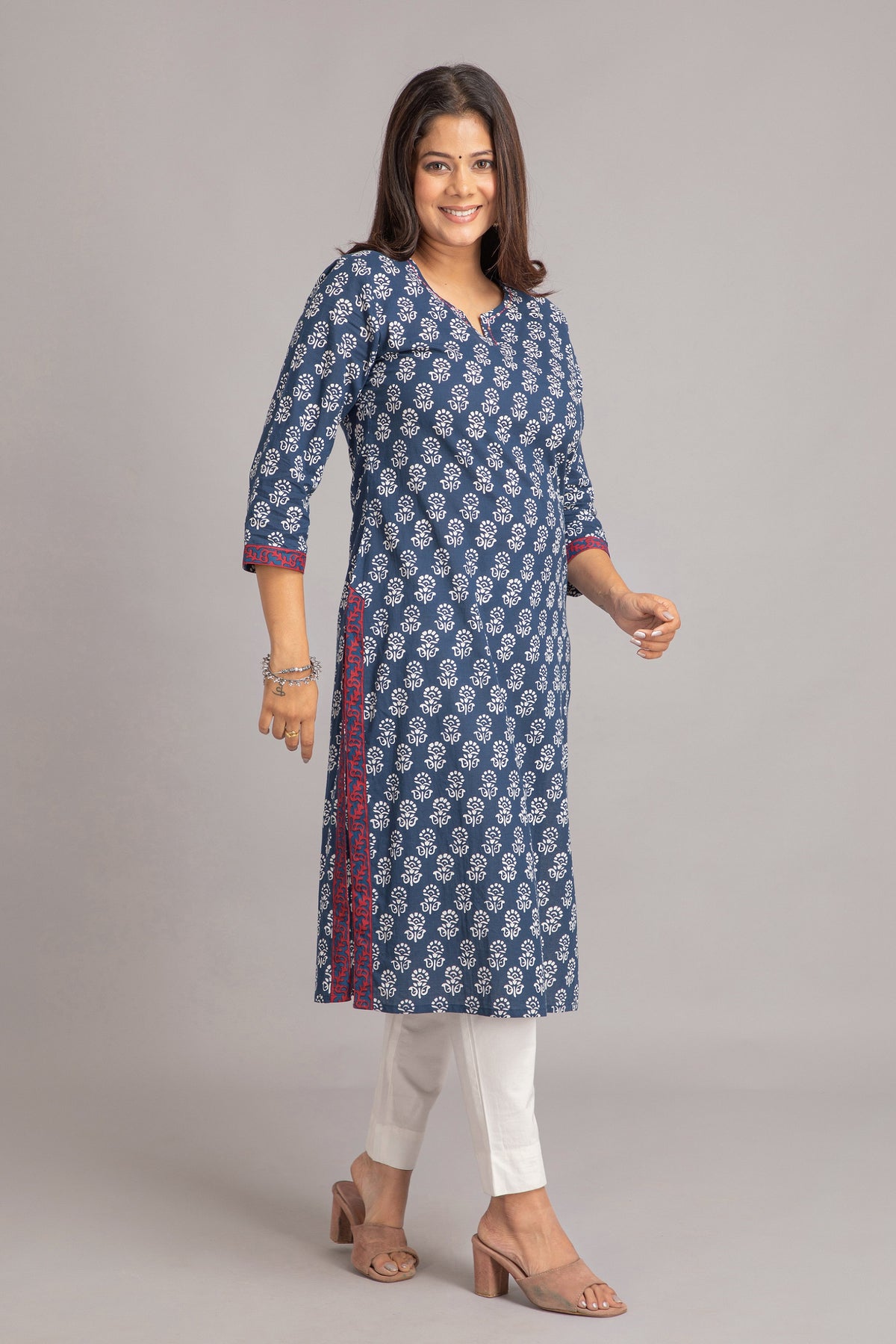 Mul Cotton Printed Long Kurti with Kantha Work