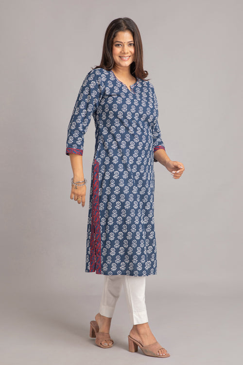 Mul Cotton Printed Long Kurti with Kantha Work