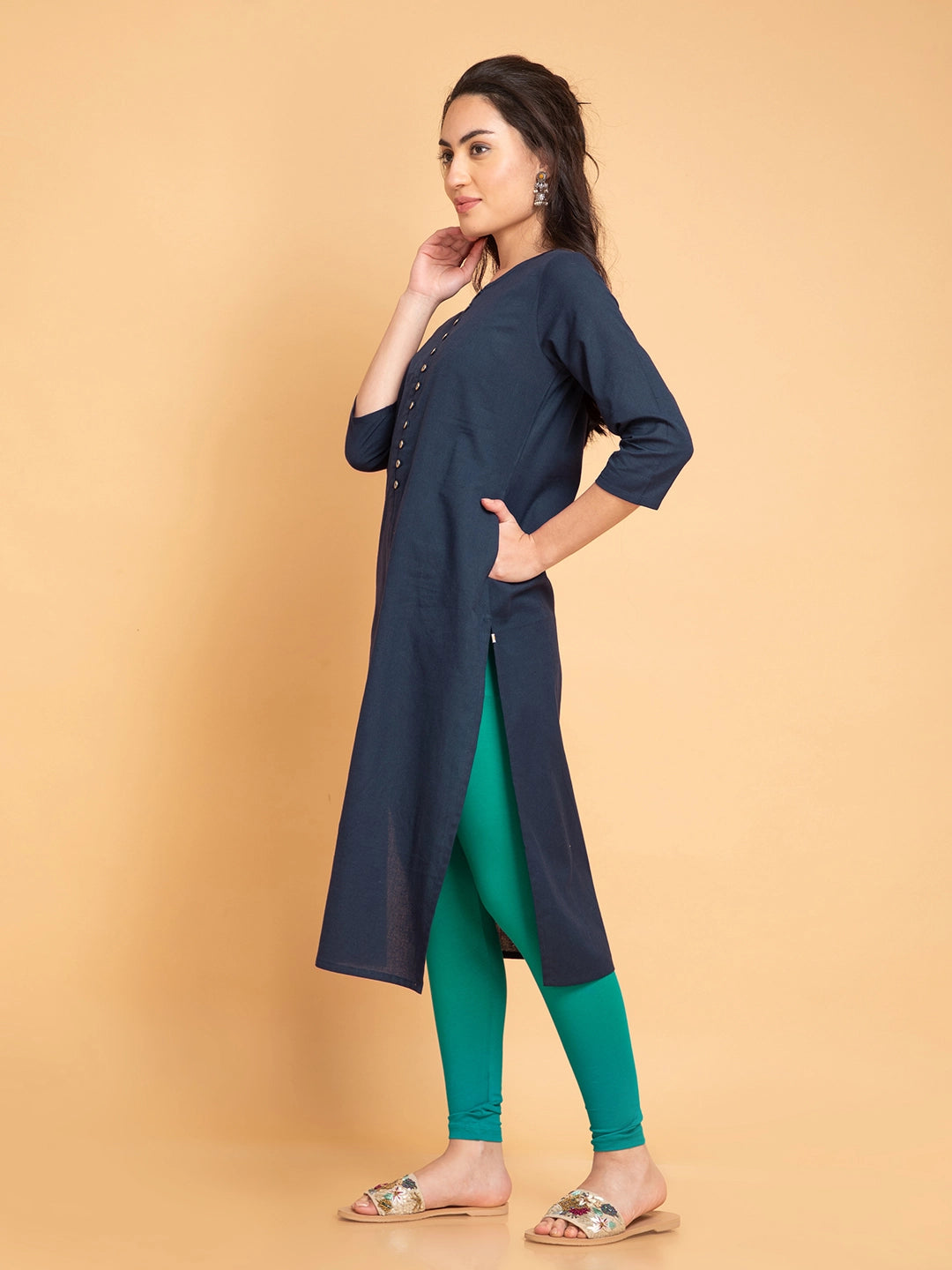 Linen Blend Long Kurti with Metal Buttons