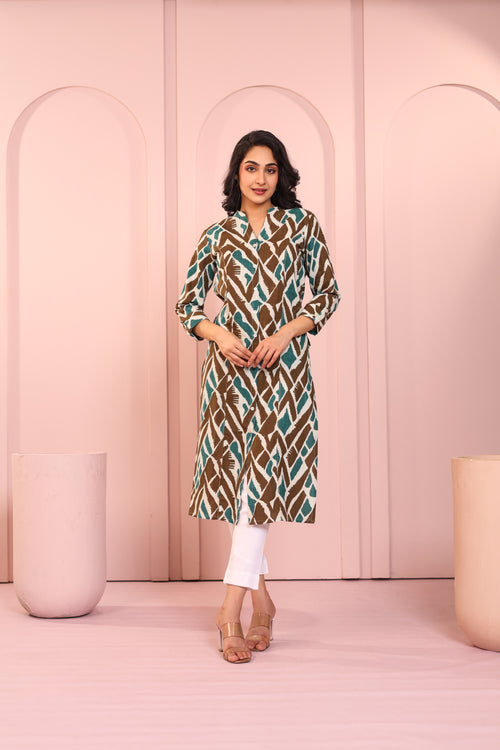 ABSTRACT PRINTED PRINCESS CUT LONG KURTI EMBELLISHED WITH HAND CRAFT DETAILS