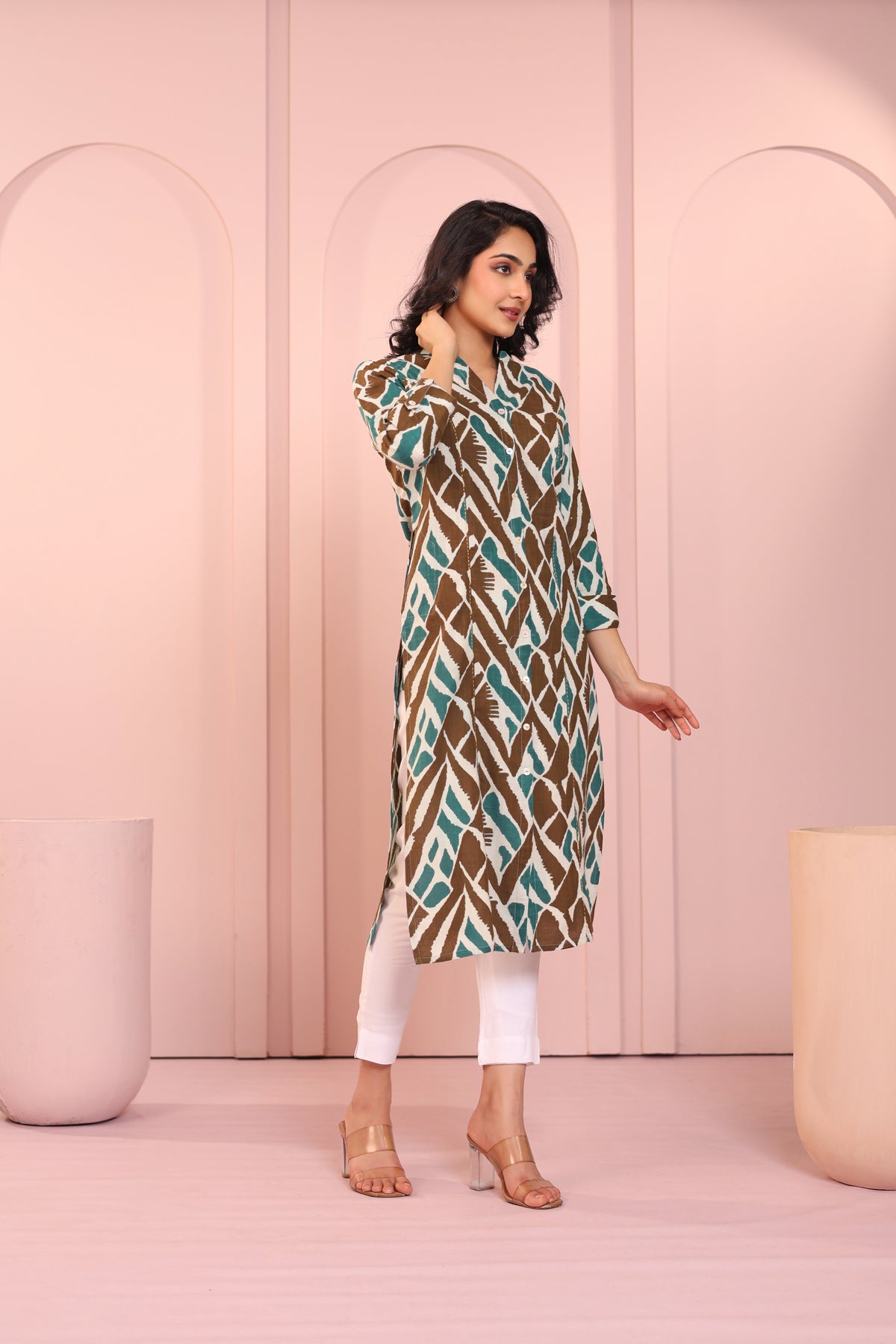 ABSTRACT PRINTED PRINCESS CUT LONG KURTI EMBELLISHED WITH HAND CRAFT DETAILS