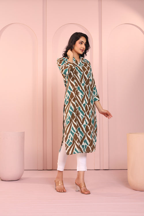 ABSTRACT PRINTED PRINCESS CUT LONG KURTI EMBELLISHED WITH HAND CRAFT DETAILS