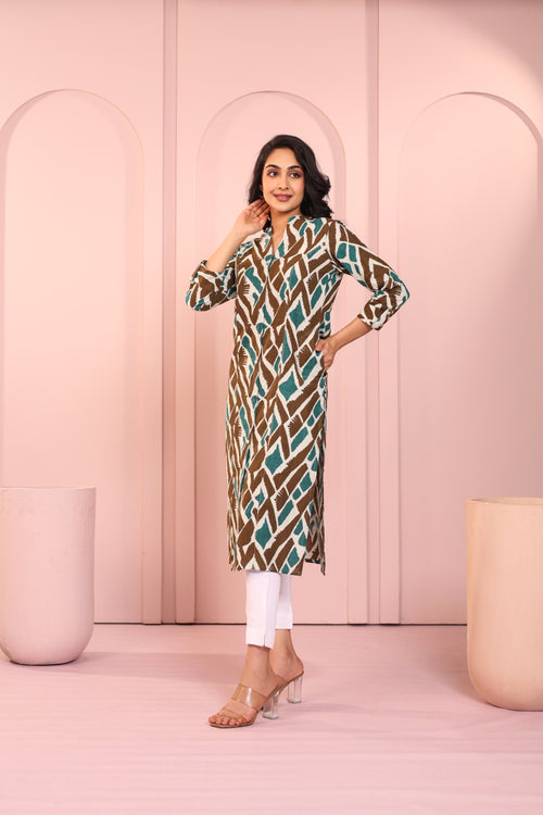 ABSTRACT PRINTED PRINCESS CUT LONG KURTI EMBELLISHED WITH HAND CRAFT DETAILS