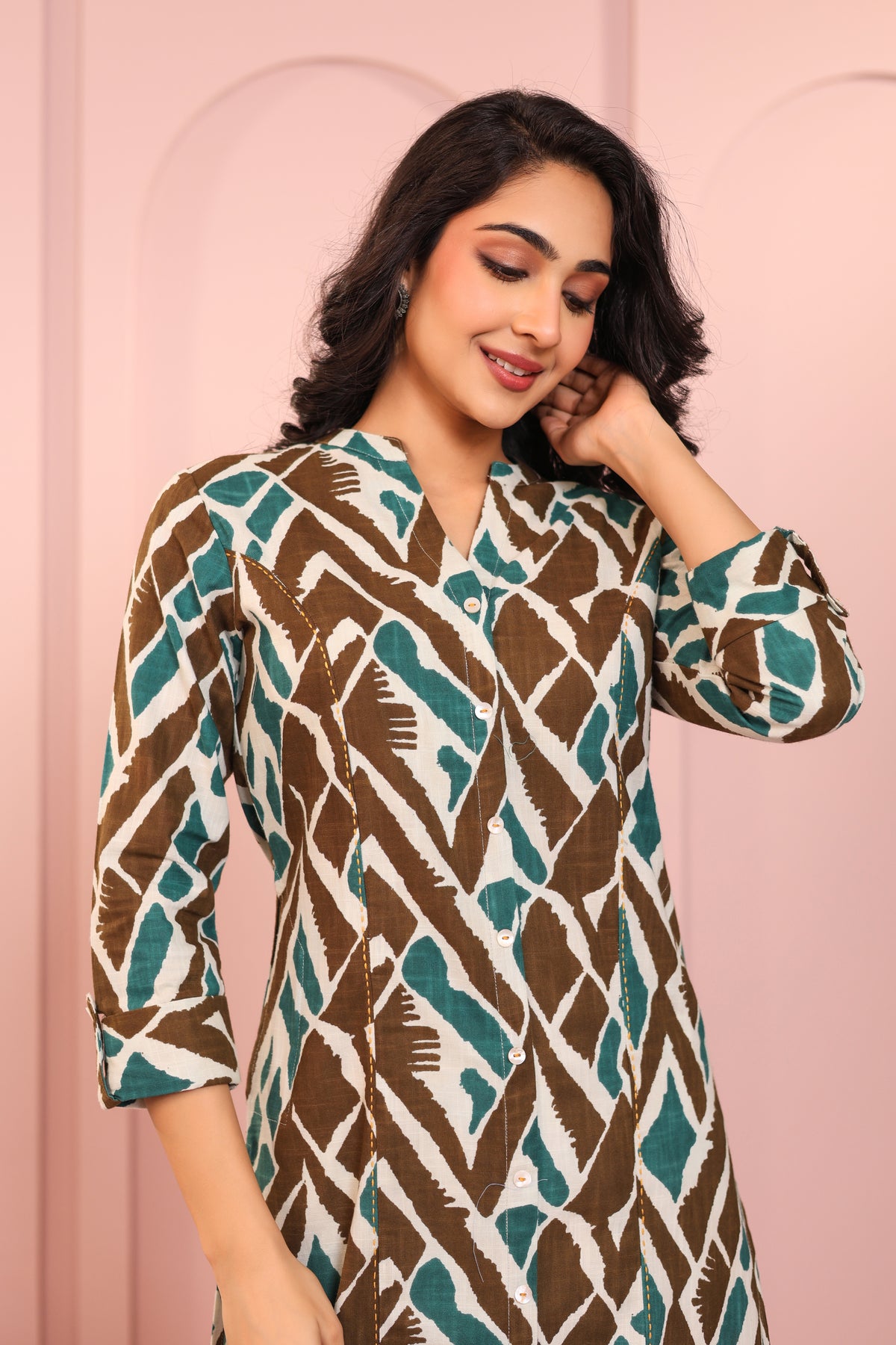 ABSTRACT PRINTED PRINCESS CUT LONG KURTI EMBELLISHED WITH HAND CRAFT DETAILS