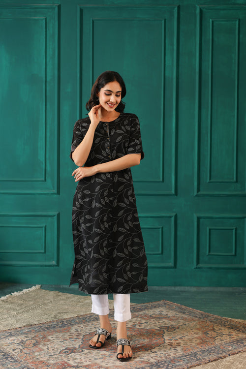 LINEN BLEND KHADI PRINTED KURTI EMBELLISHED WITH HAND CRAFT DETAILS