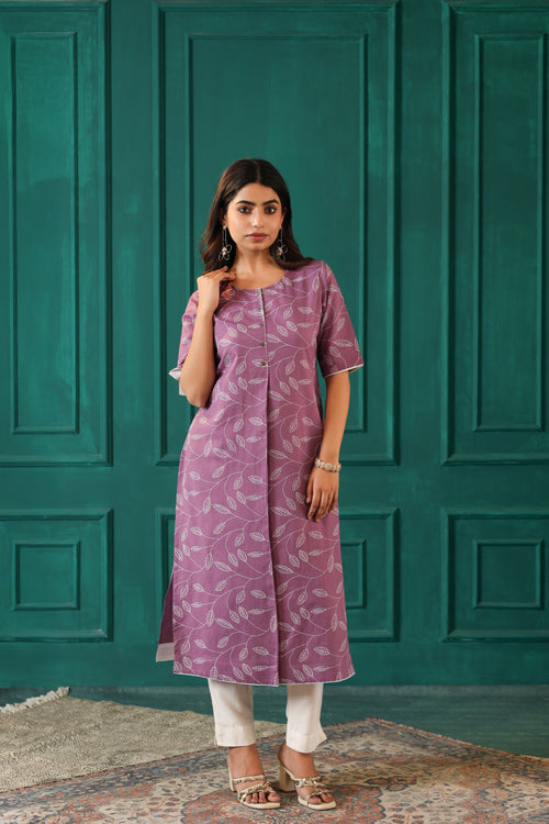 LINEN BLEND KHADI PRINTED KURTI EMBELLISHED WITH HAND CRAFT DETAILS