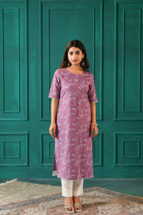 LINEN BLEND KHADI PRINTED KURTI EMBELLISHED WITH HAND CRAFT DETAILS