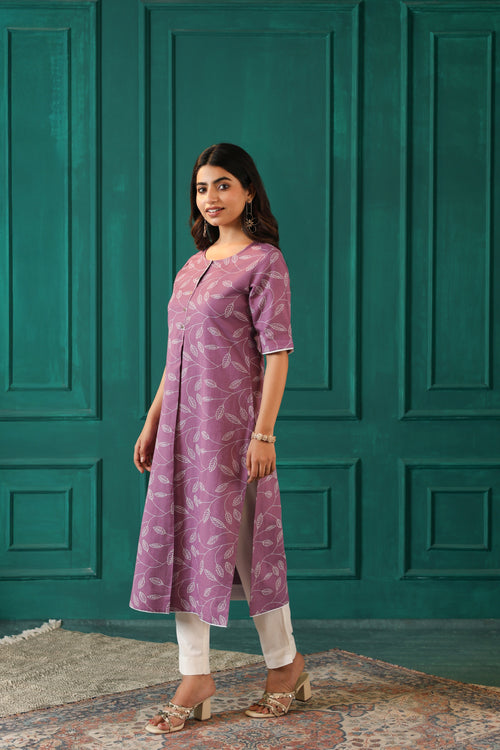 LINEN BLEND KHADI PRINTED KURTI EMBELLISHED WITH HAND CRAFT DETAILS