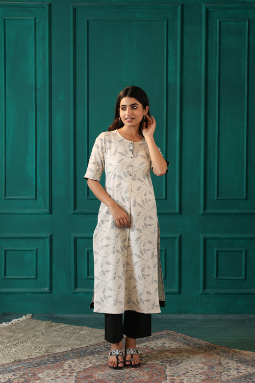 LINEN BLEND KHADI PRINTED KURTI EMBELLISHED WITH HAND CRAFT DETAILS