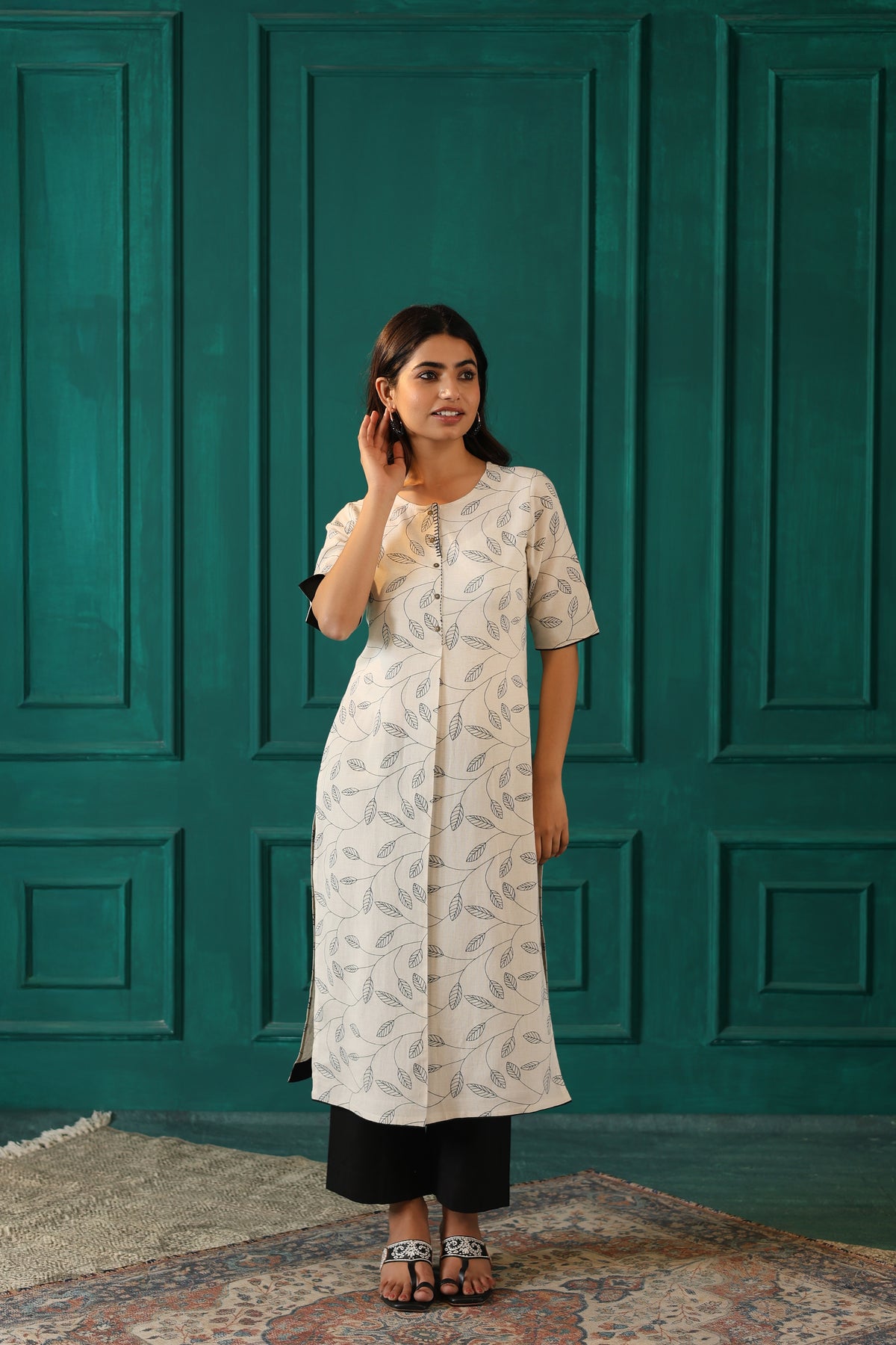 LINEN BLEND KHADI PRINTED KURTI EMBELLISHED WITH HAND CRAFT DETAILS