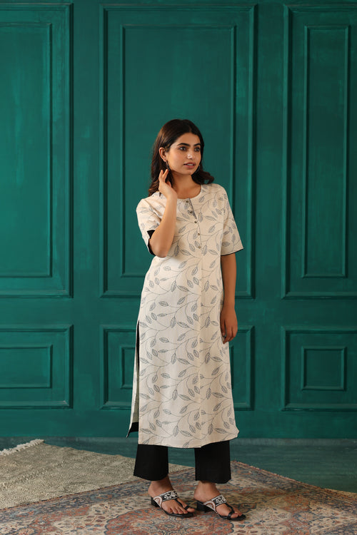 LINEN BLEND KHADI PRINTED KURTI EMBELLISHED WITH HAND CRAFT DETAILS