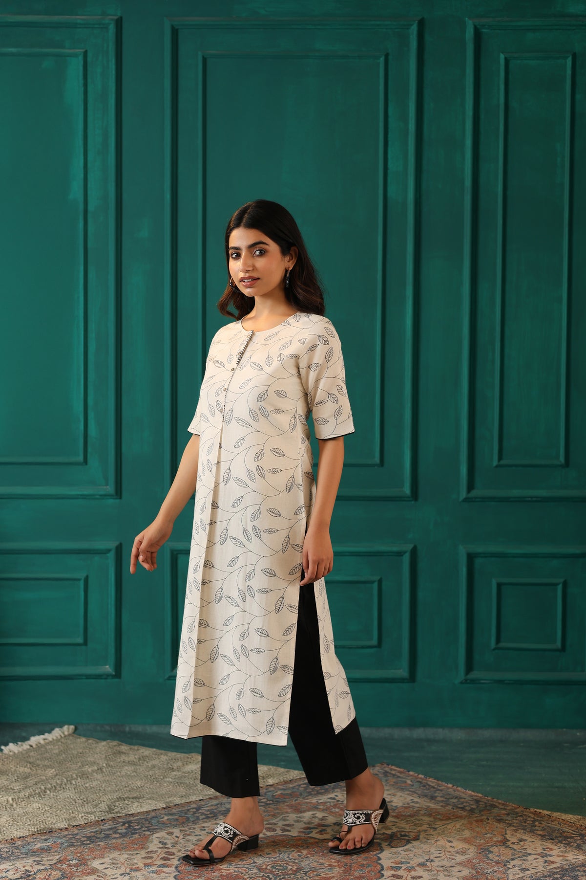 LINEN BLEND KHADI PRINTED KURTI EMBELLISHED WITH HAND CRAFT DETAILS