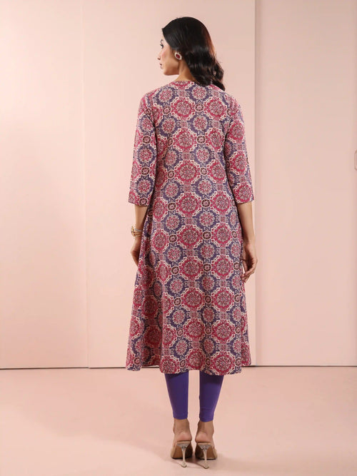 MUL COTTON AJRAK PRINTED SHRUG LOOK KURTI EMBELLISHED WITH ADDA WORK CRAFT