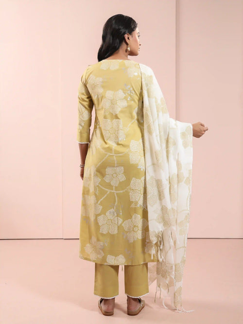 MUL COTTON KHADI FOIL PRINTED 3PC KURTA SET