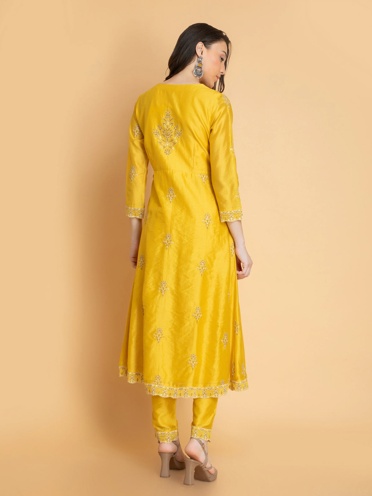 CHIKANKARI EMBROIDERED CHANDERI 3PC ANGRAKHA SET EMBELLISHED WITH DORI LATKAN