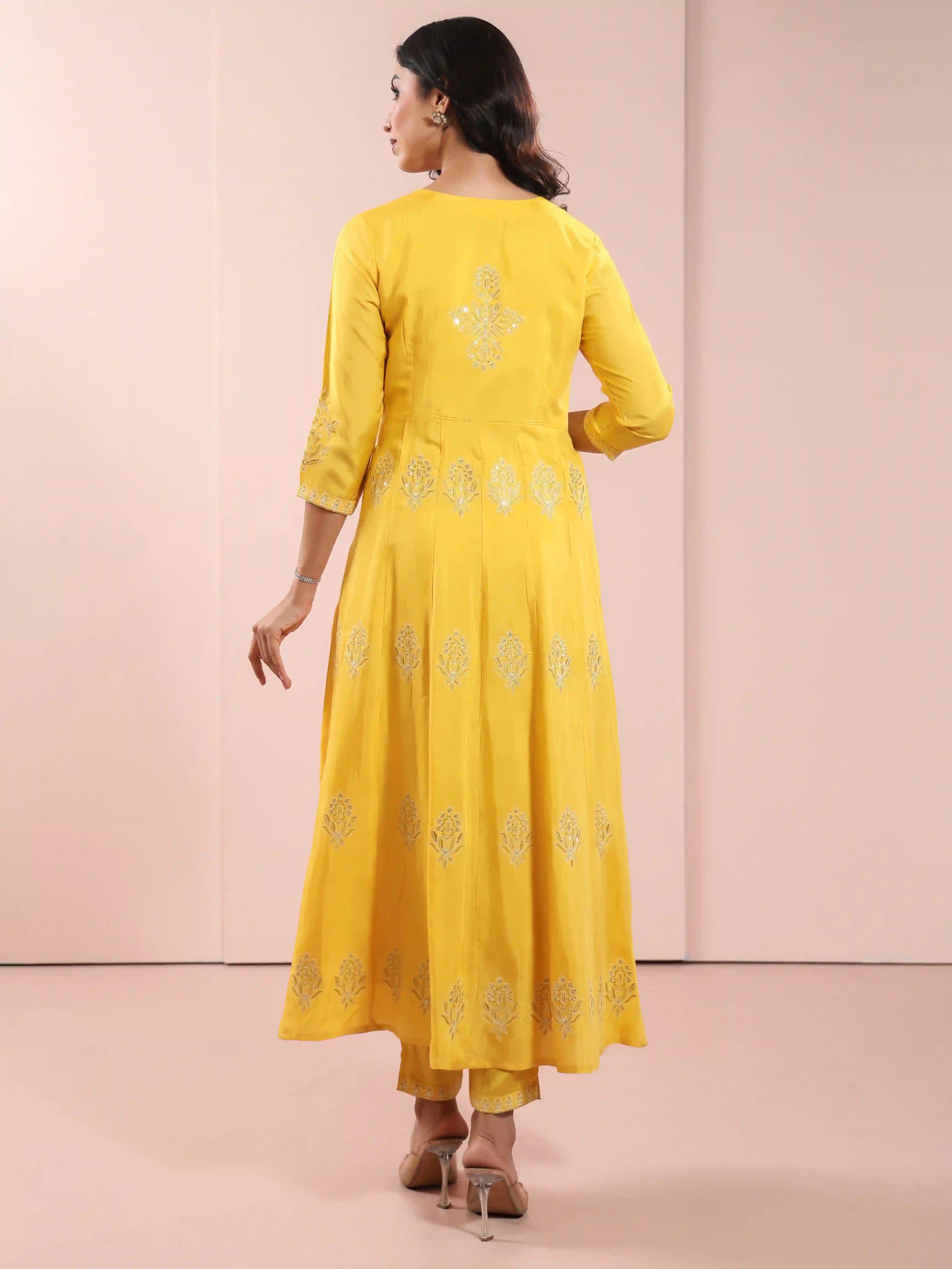Women New Mustard muslin-silk-chikankari-embroidered-3pc-flaired-set