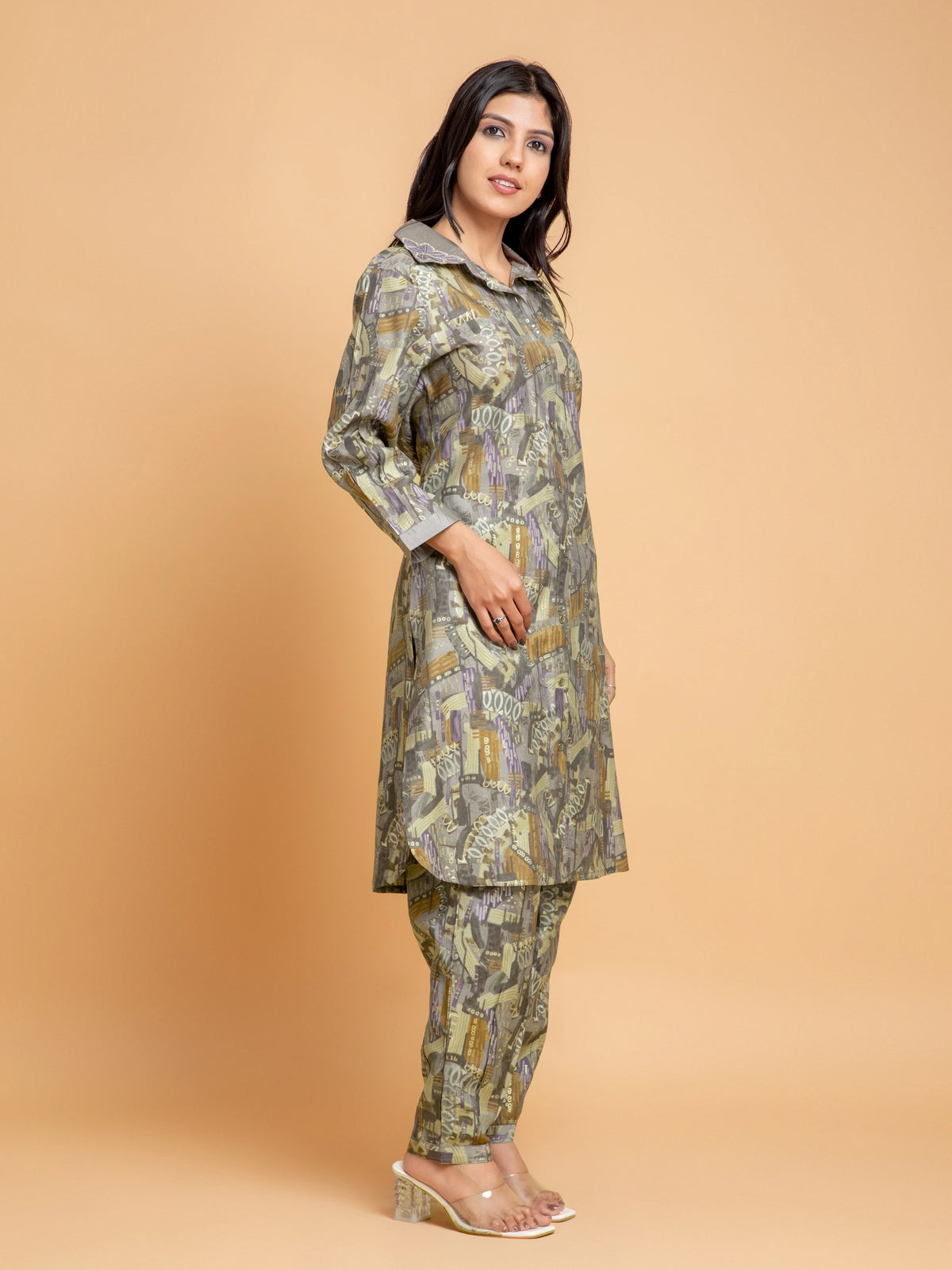 ABSTRACT PRINT 2PC CO-ORD SET WITH COLLAR EMBROIDERY