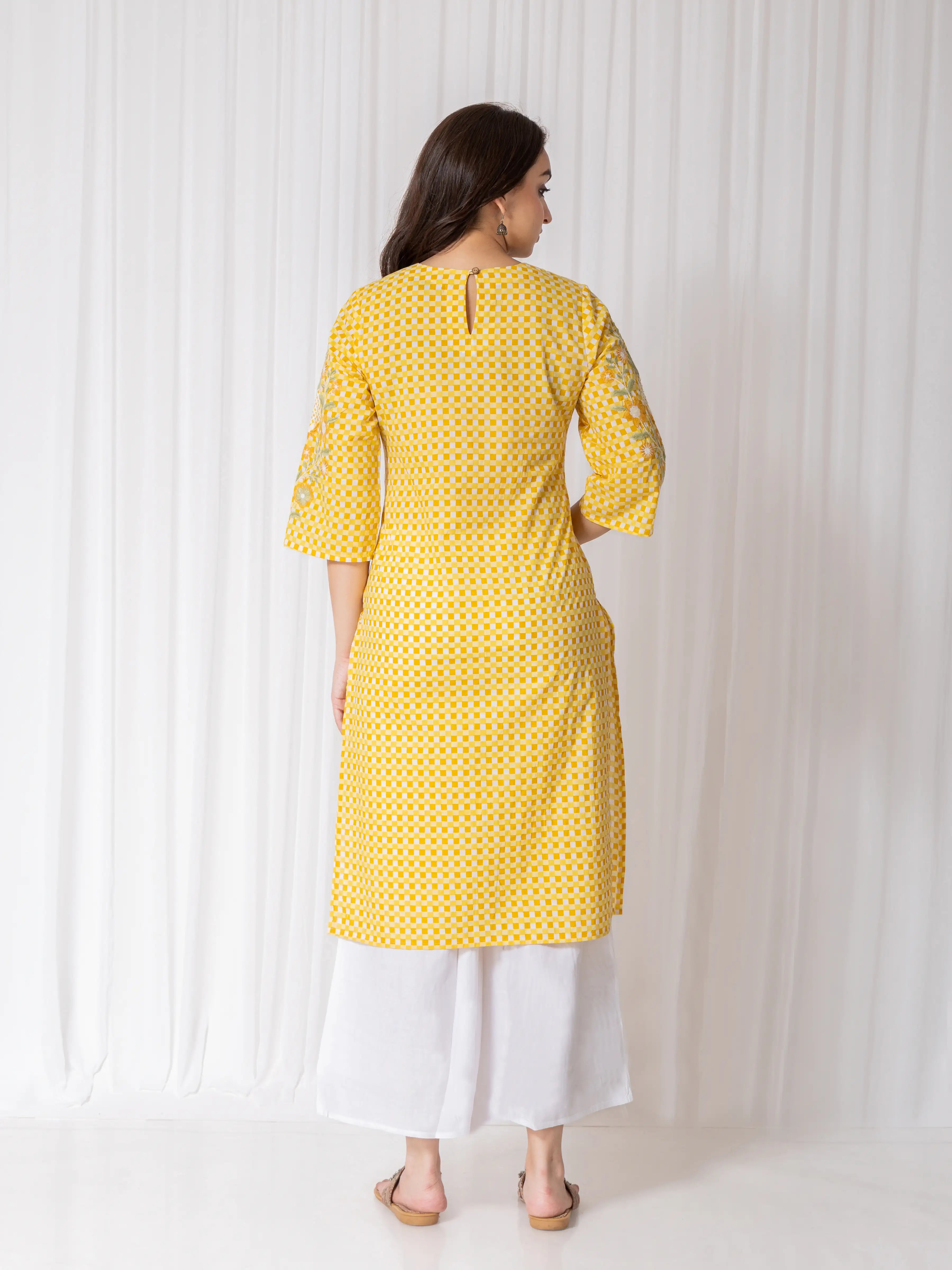 CHECKS PRINT EMBROIDERED STRAIGHT KURTI