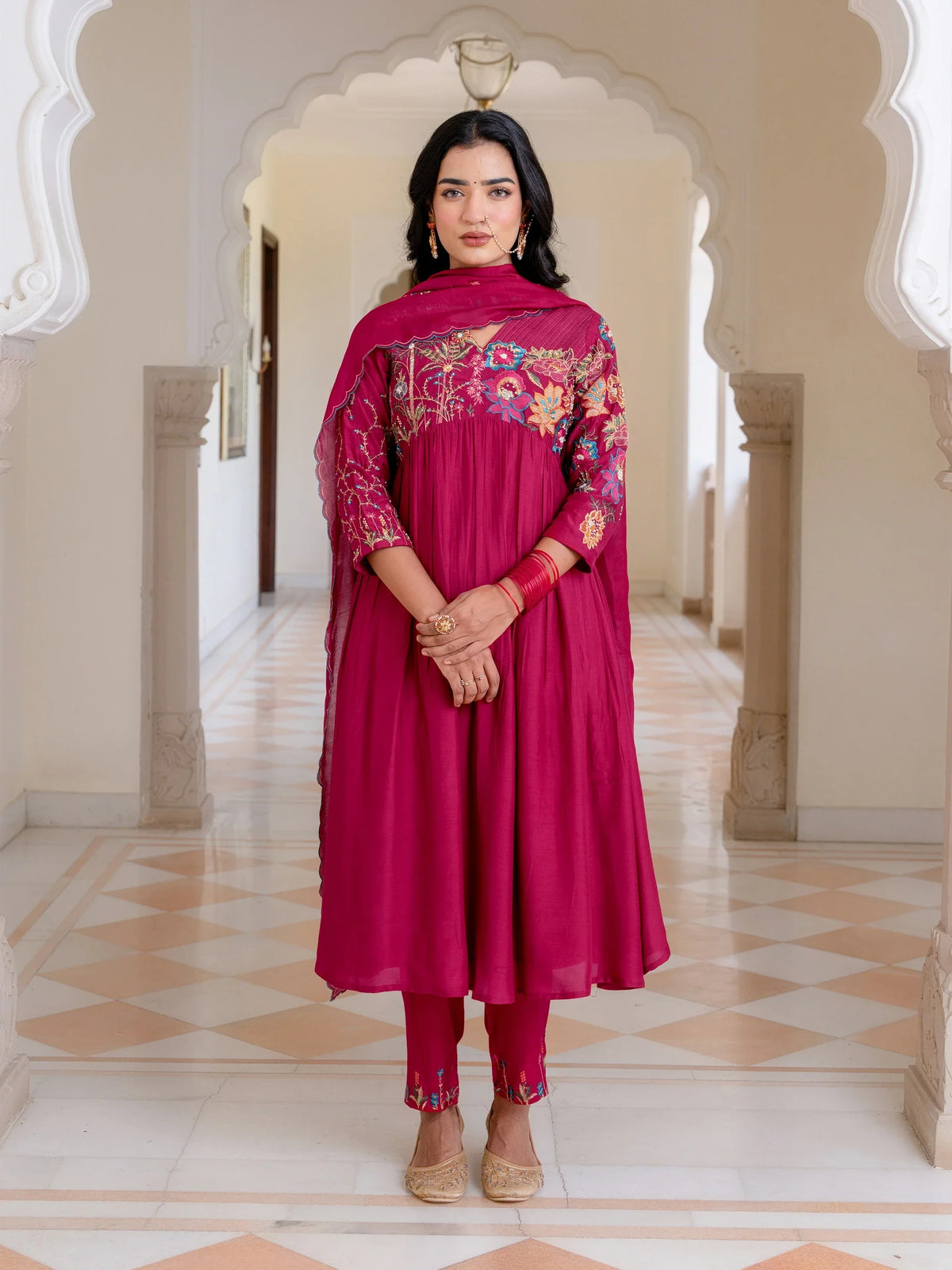 Women Maroon Color muslin-silk-fusion-wear-3pc-alia-cut-set