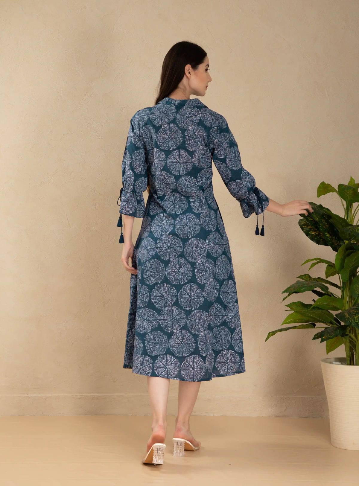 MUL COTTON INDIGO PRINTED FLAIRED DRESS EMBELLISHED WITH DORI LATKAN