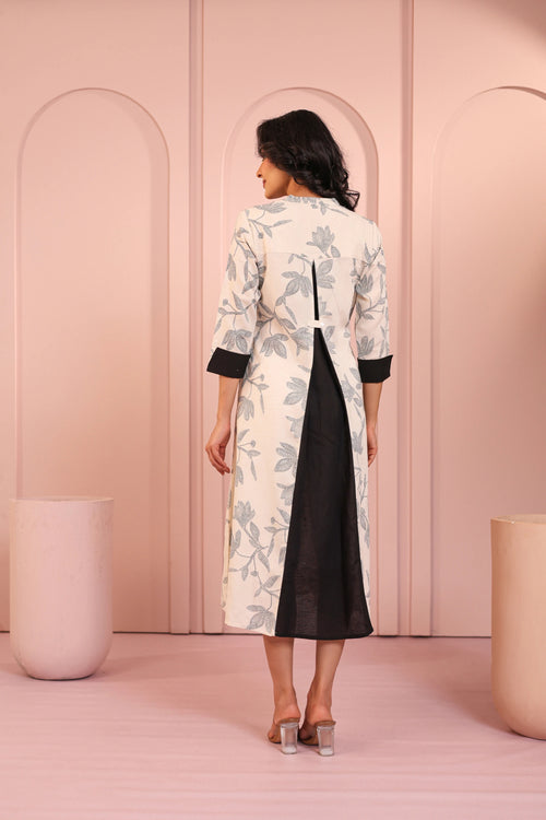 LINEN BLEND KHADI PRINTED FASHION WEAR DRESS EMBELLISHED WITH HAND CRAFT DETAIL