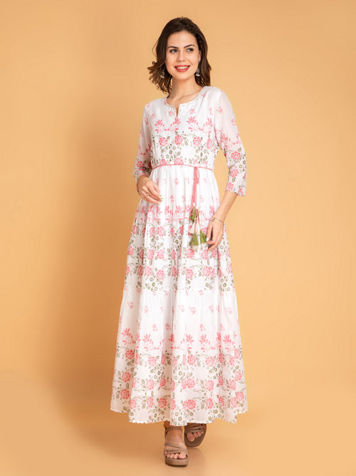 Mul Cotton Floral Tiered Dress with Handcrafted Details