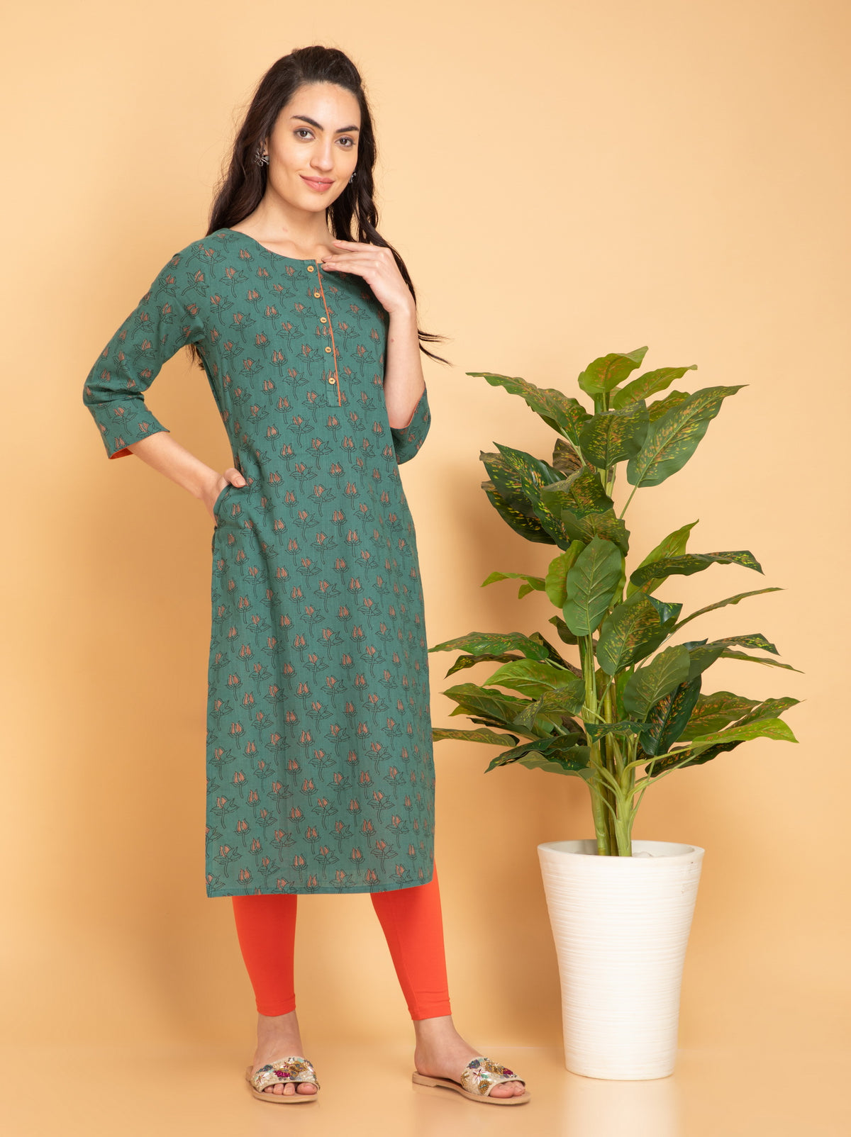 Printed Long Kurti with Fabric Trims