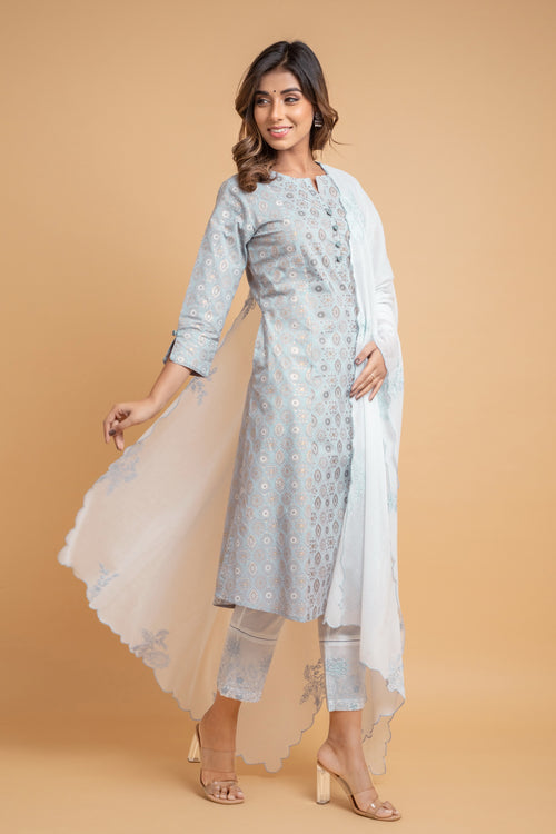 Printed 3Pc Kurta Set with Straight Pants & Embroidered Dupatta