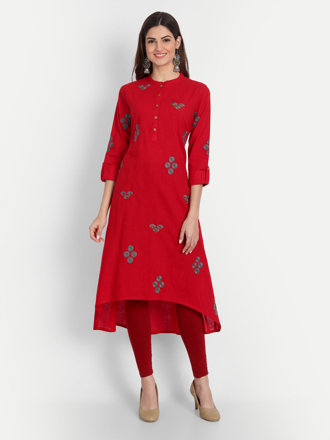 Cotton Slub Embroidered High-Low Long Kurti