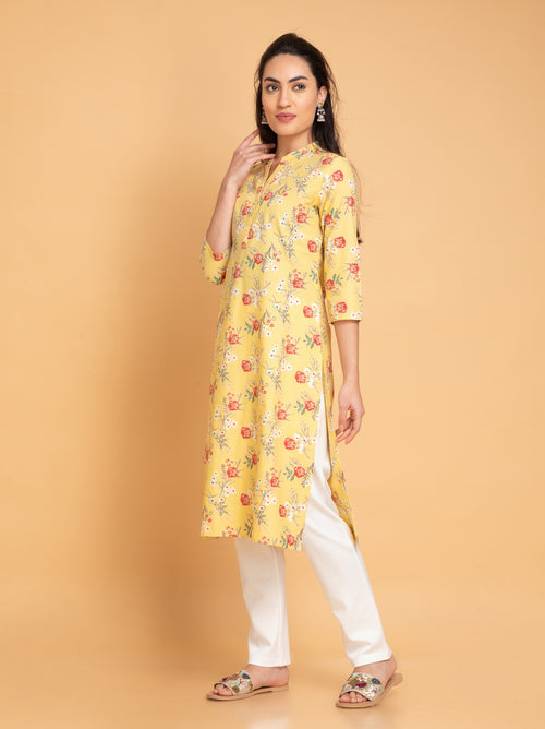 Floral Printed Placket Long Kurta