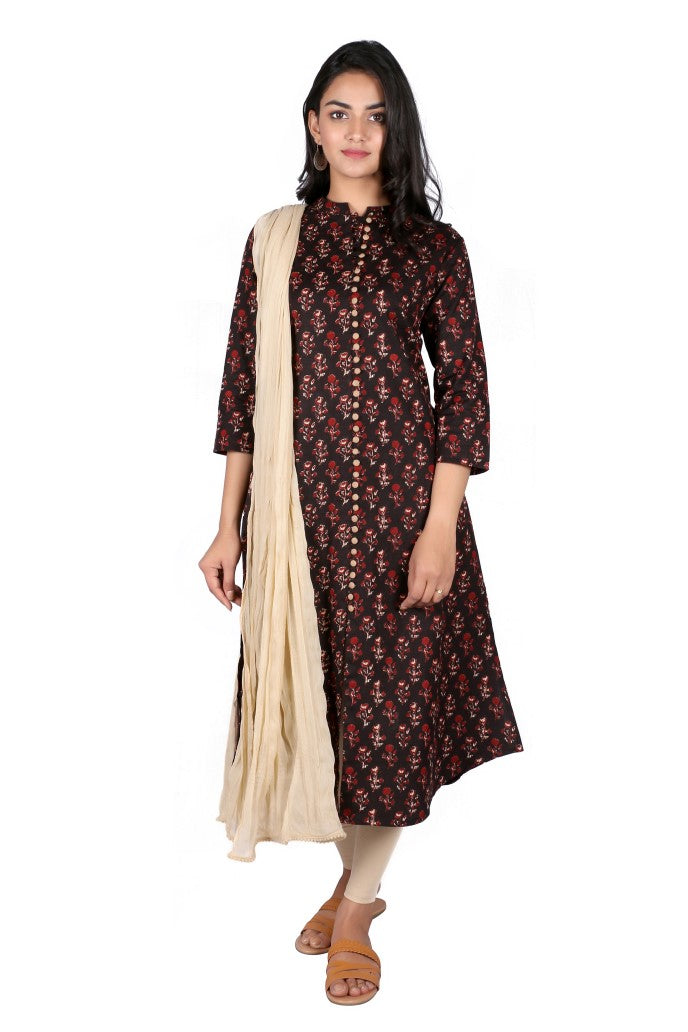 COTTON LINEN PRINTED A-LINE KURTI DETAILED WITH BUTTONS