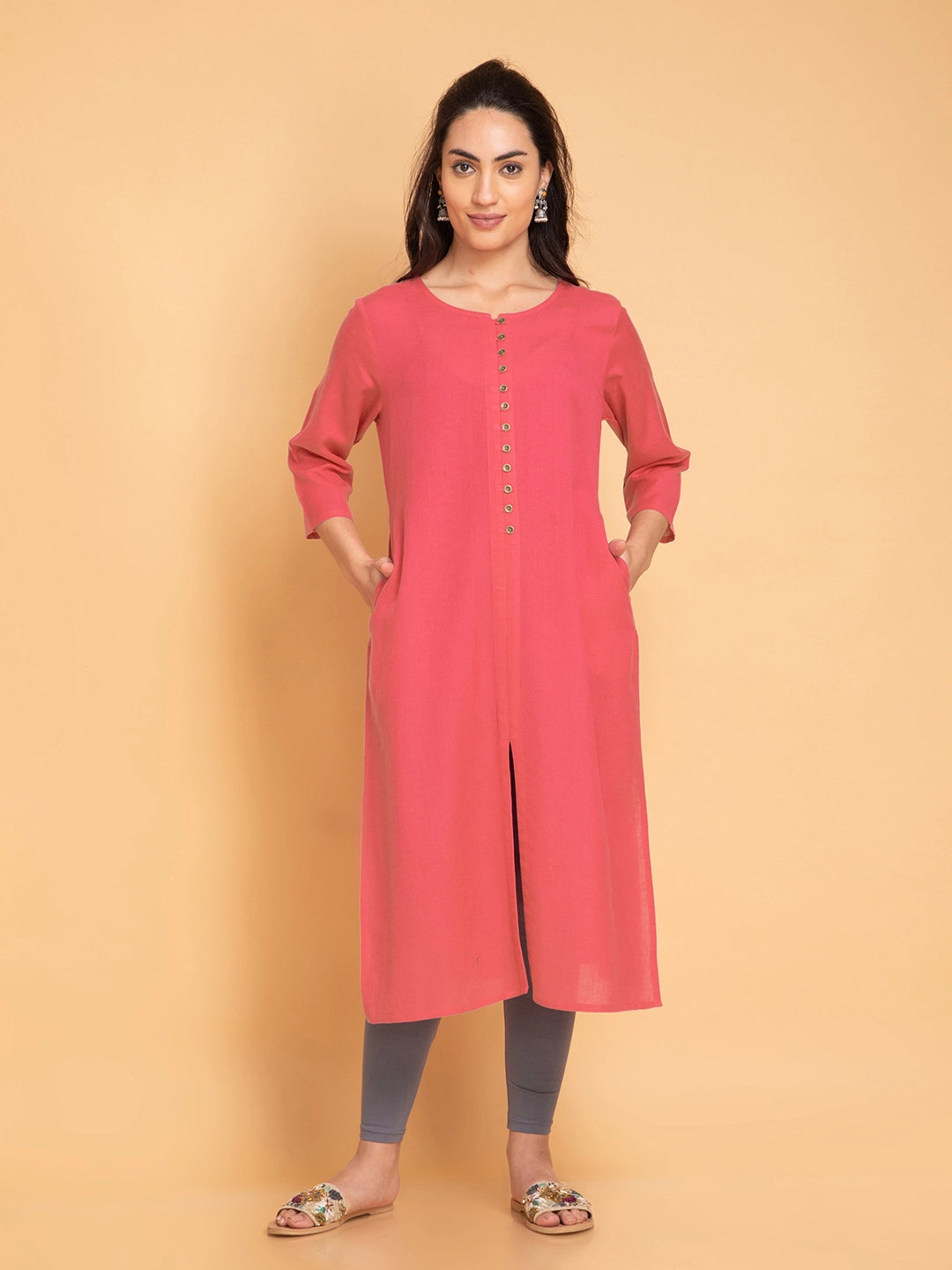 Linen Blend Long Kurti with Metal Buttons