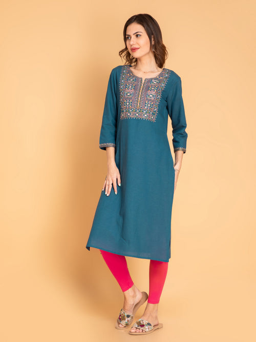 Linen Blend Embroidered Long Kurti