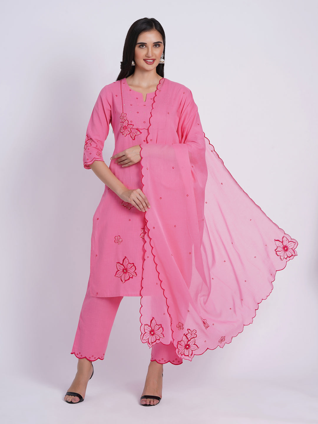 Cotton 3pc Kurta Pant Dupatta Set with Scalloping Embroidery