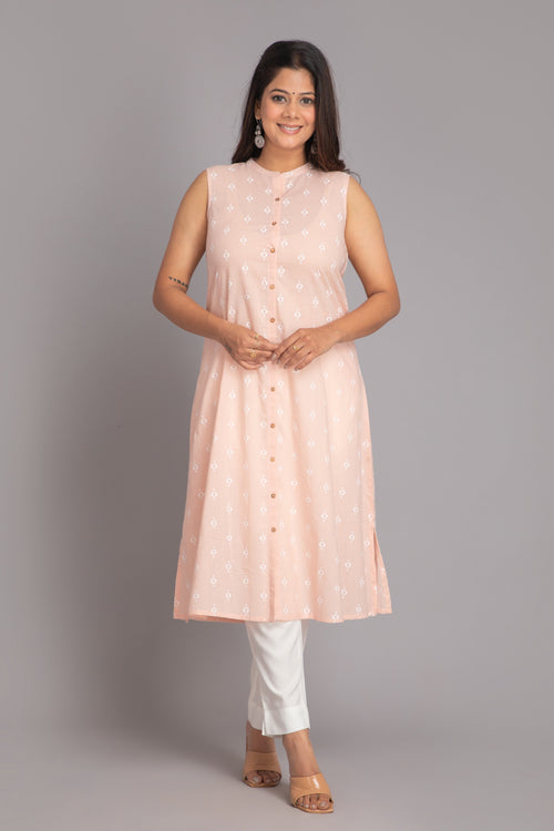 Sleeveless A-line Cotton Kurti with Khadi Print