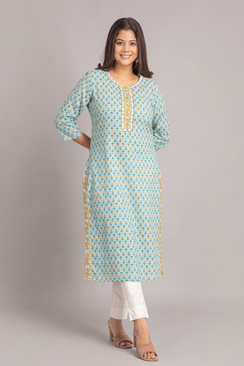 Printed Long Kurti with Embroidery & Sequins Work