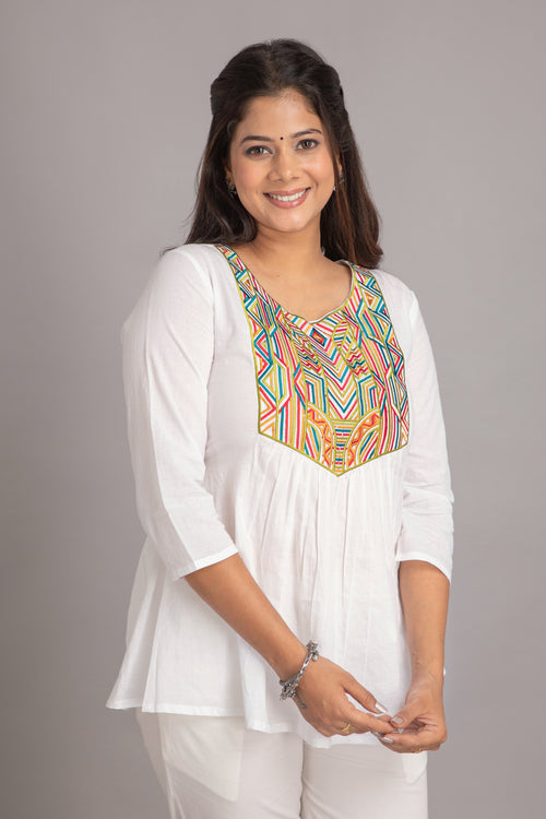 Flared Short Top with Multicolor Geometric Embroidery on Yoke