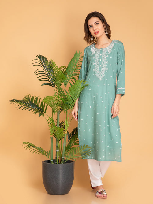 Viscose Blend Embroidered Straight Long Kurti