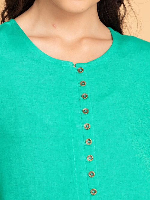 Linen Blend Long Kurti with Metal Buttons