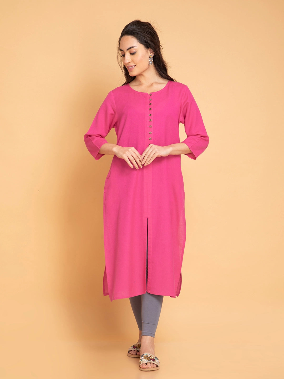 Linen Blend Long Kurti with Metal Buttons