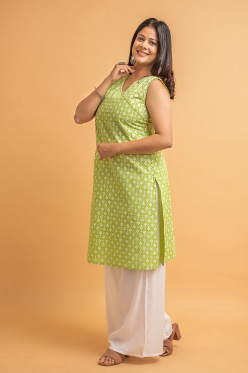 Khadi Print Sleeveless Long Kurti