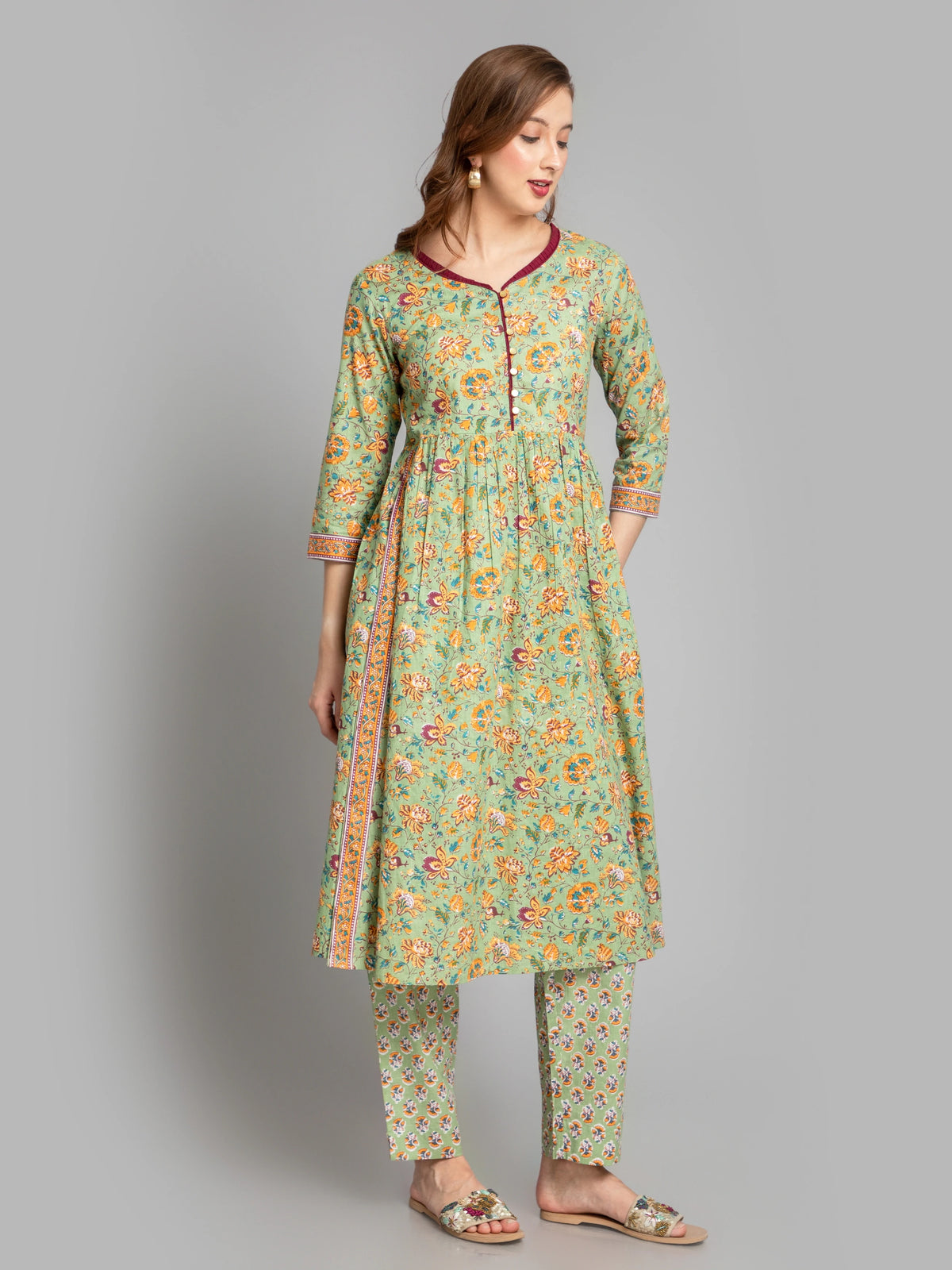 Mul Cotton Printed Nayra Cut 3Pc Kurta Set