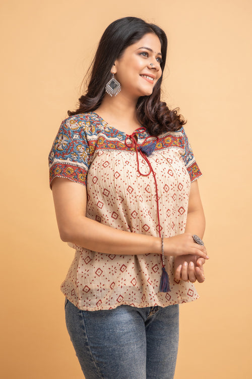 Printed Flared Short Top with Cap Sleeve